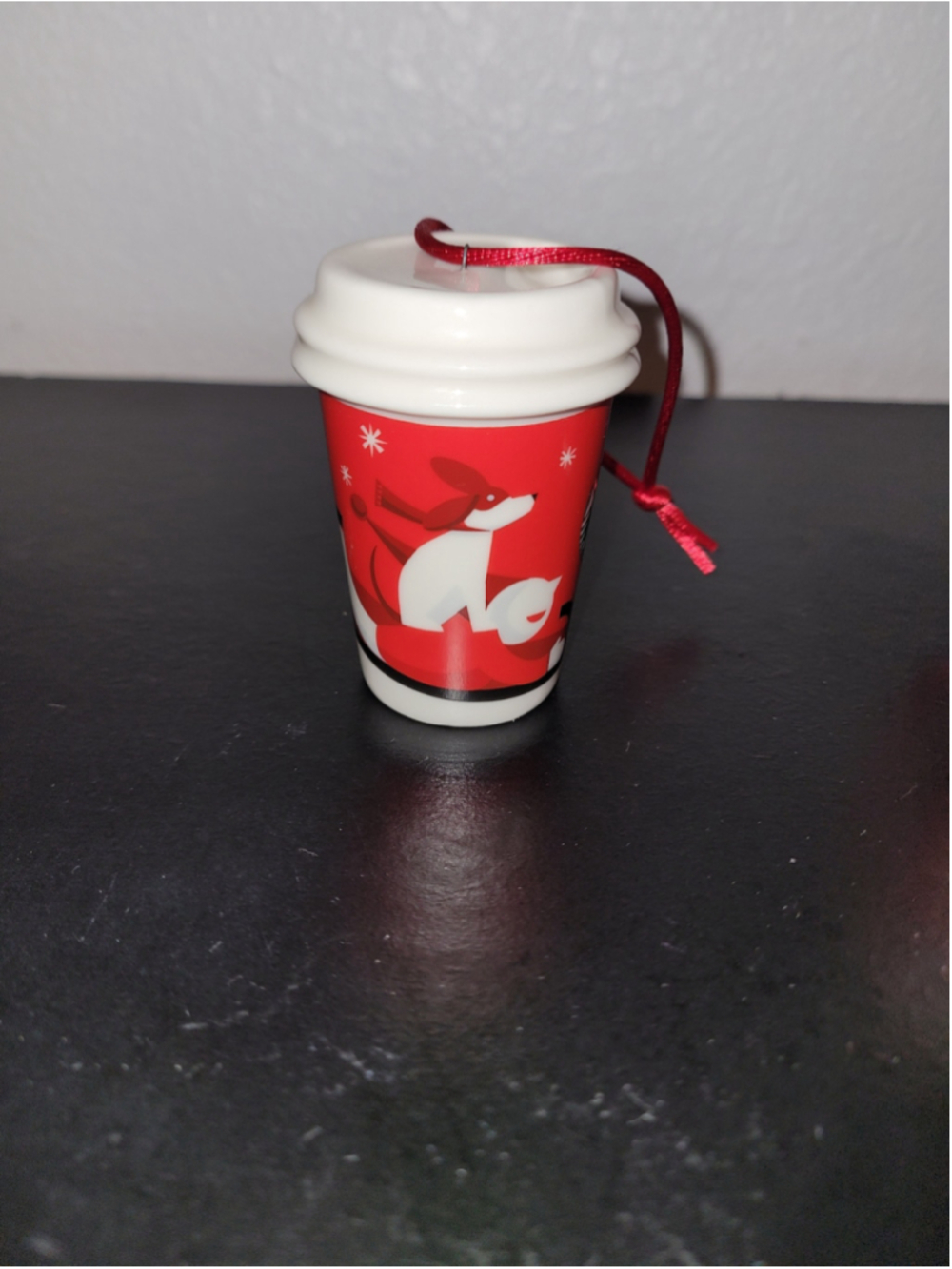 Starbucks 2011 Holiday Red Cup Ceramic Christmas Ornament Fox Mini Coffee Cup